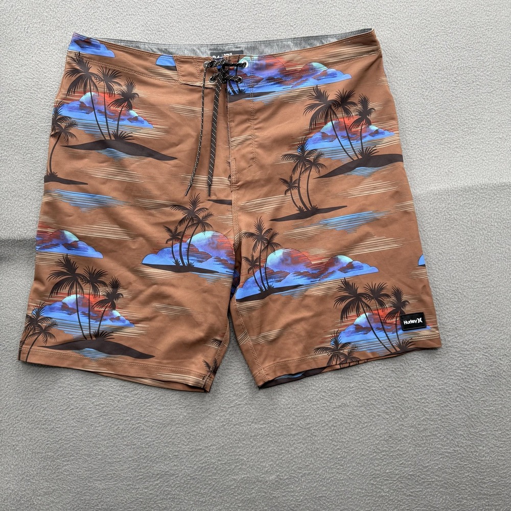 Hurley Board Shorts Mens 36 Brown Tropical Palm Swim Trunks Phantom Beach Surf
